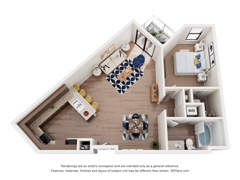 A 3D floor plan of a house with a kitchen, living room, and bathroom.